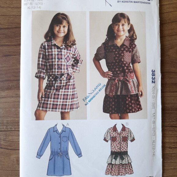 Girls Dress Sewing Pattern Dropped Waist Shirt Collar Size 4-14 Kwik Sew 3832 - Picture 2 of 9